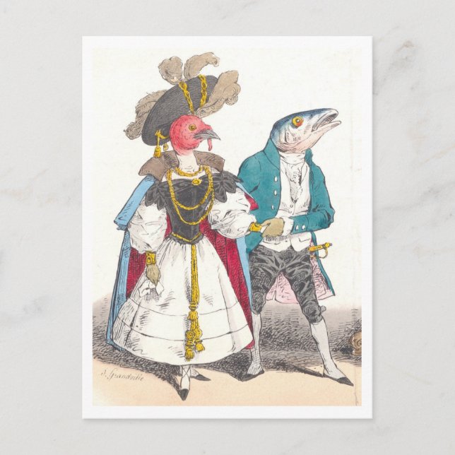 J. Grandville Illustration of Bird and Fish Vykort (Framsida)