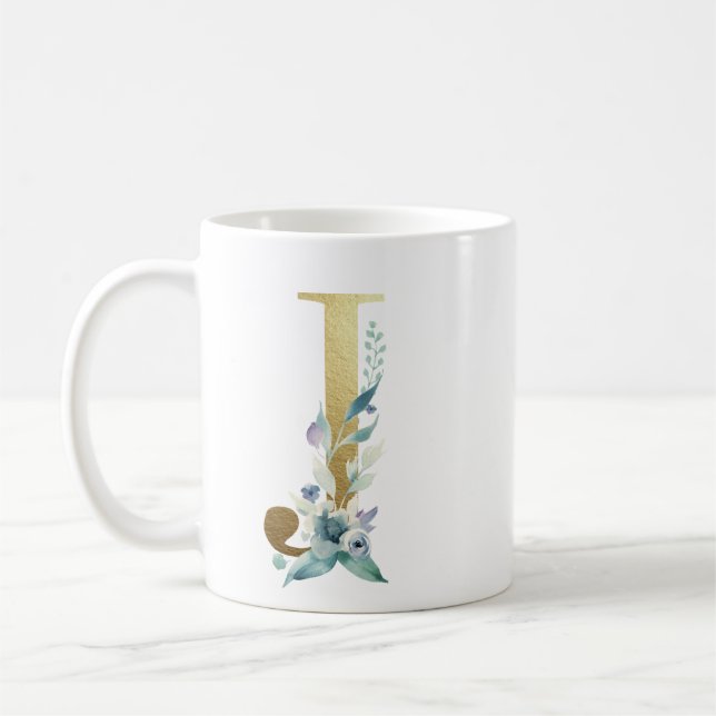 J gyden initial med blå blommigt folie kaffemugg (Vänster)