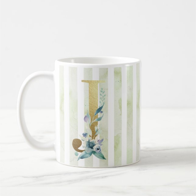 J, initial i guld på blå och vita ränder kaffemugg (Vänster)