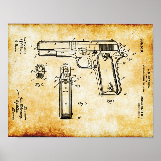 J.M Browning M1911 Pistol Patent Poster (Framsidan)