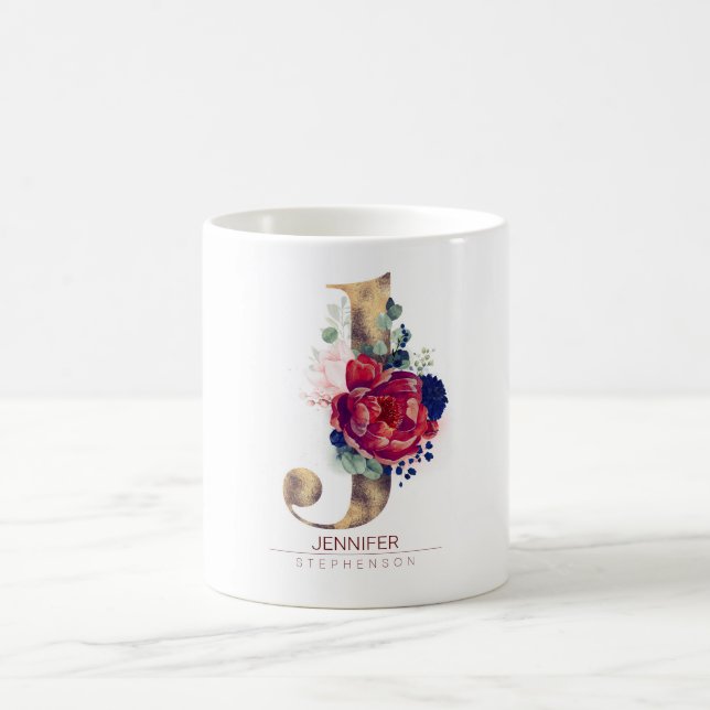 J Monogram Blommigt Burgundy Red and Navy Blue Kaffemugg (Center)