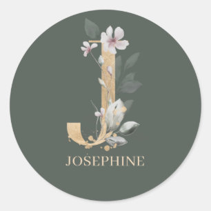 J Monogram Blommigt Personlig Runt Klistermärke