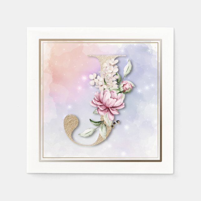 J Monogram Burgundy Blommigt Napkins Pappersservett (Framsidan)