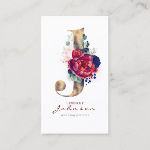 J Monogram Burgundy Guld och Navy Blue Blommigt Visitkort