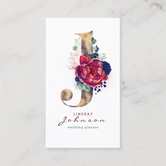 J Monogram Burgundy Guld och Navy Blue Blommigt Visitkort (Framsida)