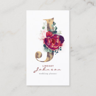 J Monogram Burgundy Red Flowers och Faux Guld Visitkort