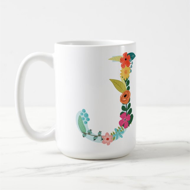 J-Monogrammugg, initial som blommigt J är botanisk Kaffemugg (Vänster)