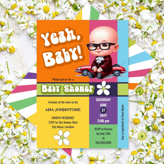 Ja Baby Retro Baby Shower Inbjudningar (Yeah, Baby! retro and fun baby shower invitation.)