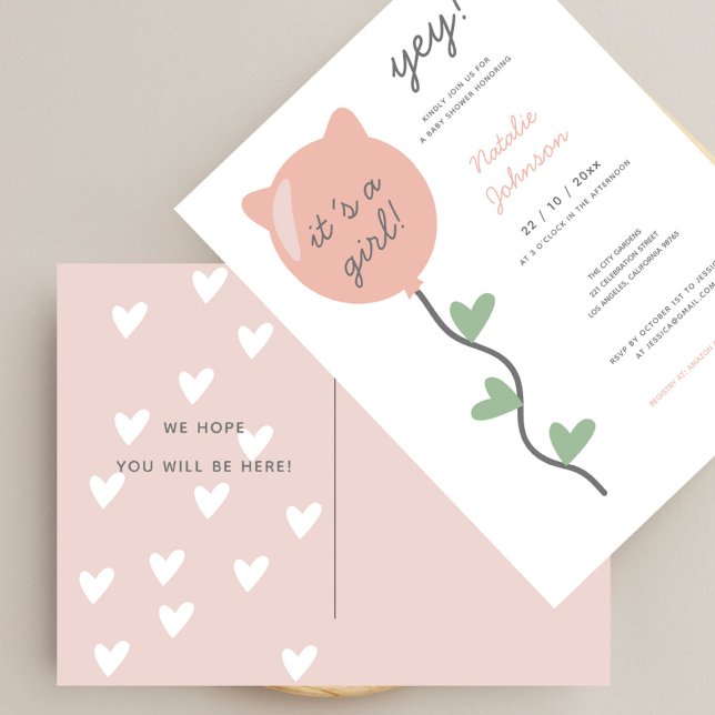 Ja, det är en flicka Boho Balloon Baby Shower Vykort (Skapare uppladdad)