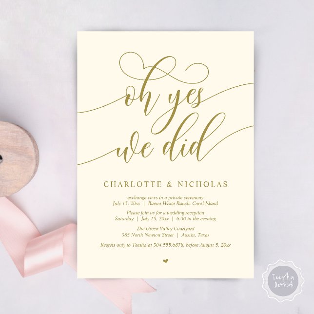 Ja, det gjorde vi, Bröllop Elopement Dinner Party Inbjudningar (Oh Yes, We Did, Modern Wedding Elopement Reception Dinner Party Invites Card PDF Yellow Gold)