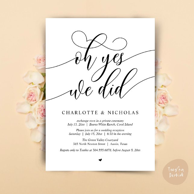 Ja, det gjorde vi, Bröllop Elopement Dinner Party Inbjudningar (Oh Yes, We Did, Modern Wedding Elopement Reception Dinner Party Invites Card PDF White Black)