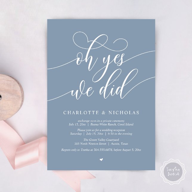 Ja, det gjorde vi, Bröllop Elopement Dinner Party Inbjudningar (Oh Yes, We Did, Modern Wedding Elopement Reception Dinner Party Invites Card PDF Dusty Blue)