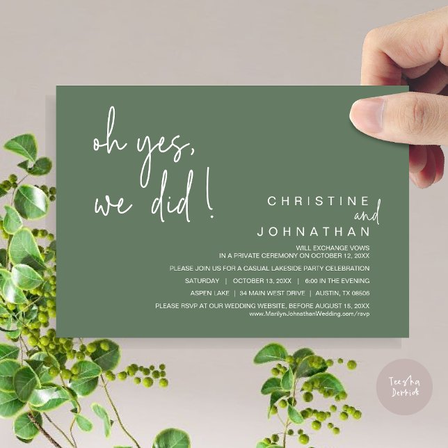 Ja, det gjorde vi, Bröllop Elopement, Sage Grönt Inbjudningar (Oh Yes, We Did, Modern Wedding Elopement Dinner Party Invitation Card, PDF, Sage Green)