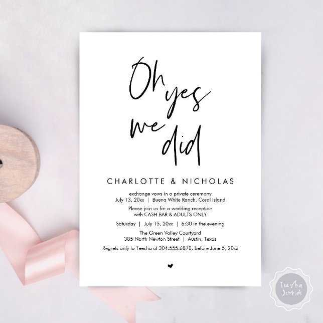 Ja, det gjorde vi, Bröllop-middagen Party Pengarar Inbjudningar (Oh Yes, We Did, Modern Wedding Elopement Reception Dinner Party Invites Card PDF White Black)