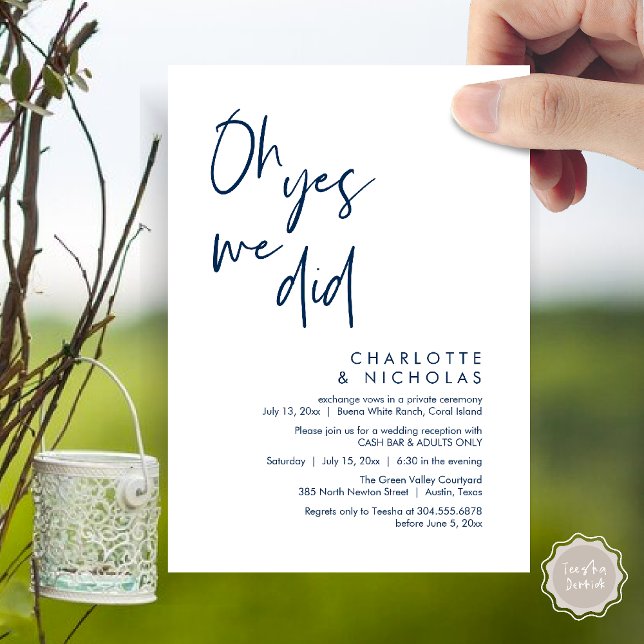 Ja, det gjorde vi, Bröllop-middagen Party Pengarar Inbjudningar (Oh Yes, We Did, Modern Wedding Elopement Reception Dinner Party Invites Card PDF Navy Blue)