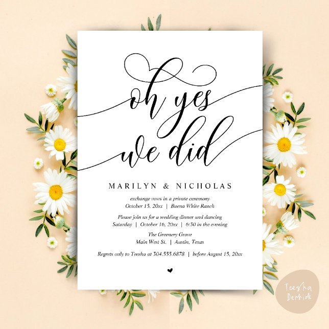 Ja, det gjorde vi, Bröllopsflykt Dinnerfest Inbjudningar (Oh Yes, We Did, Wedding Elopement Dinner Romantic Modern Party Invitation Card PDF Black White)