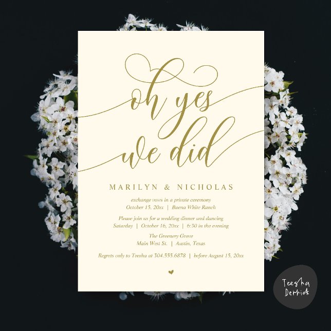 Ja, det gjorde vi, Bröllopsflykt Dinnerfest Inbjudningar (Oh Yes, We Did, Wedding Elopement Dinner Romantic Modern Party Invitation Card PDF Yellow Gold)