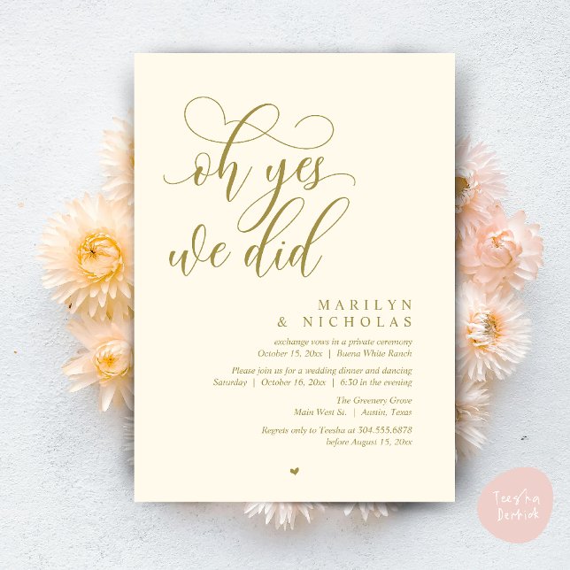 Ja, det gjorde vi, Bröllopsflykt Middag fest Inbjudningar (Oh Yes, We Did, Wedding Elopement Dinner Romantic Modern Party Invitation Card PDF Yellow Gold)