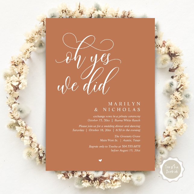 Ja, det gjorde vi, Bröllopsflykt middagsfirande Inbjudningar (Oh Yes, We Did, Wedding Elopement Dinner Romantic Modern Party Invitation Card PDF Copper Brown)