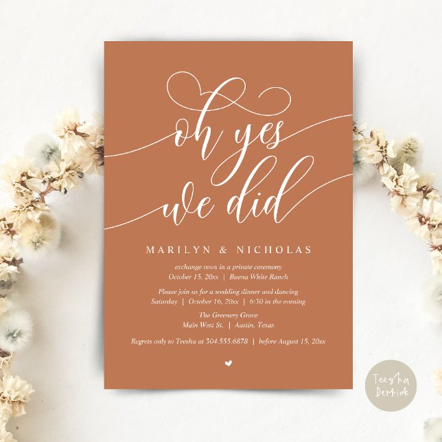 Ja, det gjorde vi, Bröllopsflykt middagsfirande Inbjudningar (Oh Yes, We Did, Wedding Elopement Dinner Romantic Modern Party Invitation Card PDF Copper Earthy )