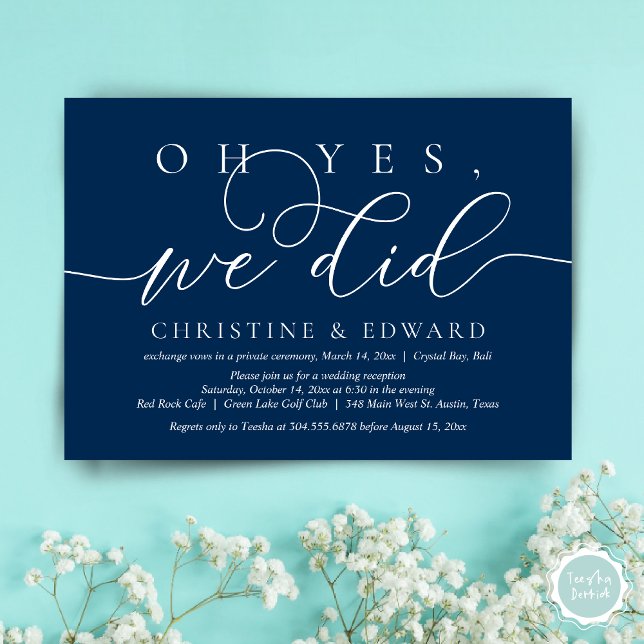 Ja, det gjorde vi, Bröllopsflykt Romantisk Middag Inbjudningar (Oh Yes, We Did, Wedding Elopement Dinner Invitation Card, PDF, Modern Romantic, in Navy Blue)