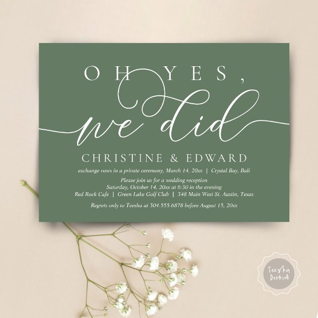 Ja, det gjorde vi, Bröllopsflykt Romantisk Middag Inbjudningar (Oh Yes, We Did, Wedding Elopement Dinner Invitation Card, PDF, Modern Romantic, in Forest Sage Green)