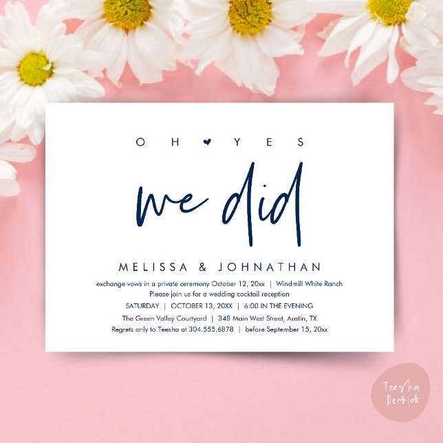 Ja, det gjorde vi, bröllopsmottagning Dinner Danci Inbjudningar (Oh yes we did, Modern Wedding Reception Dinner Dancing Minimalist Invitation Card PDF Navy Blue)