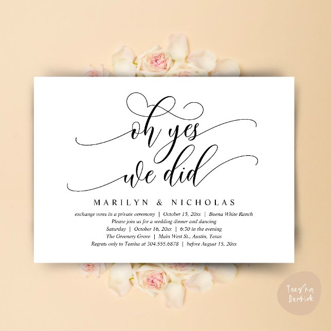 Ja, det gjorde vi, modern Bröllop-middag och Party Inbjudningar (Oh Yes, We Did, Wedding Elopement Dinner Romantic Modern Party Invitation Card PDF Black White)