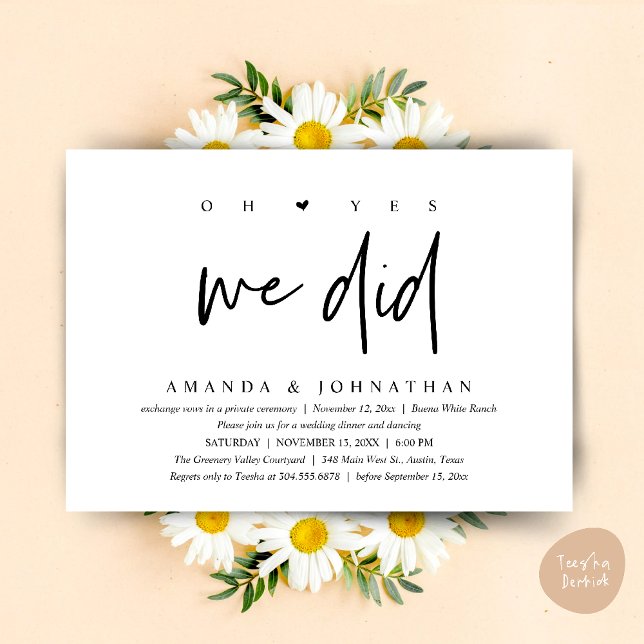 Ja, det gjorde vi, Modern bröllopsflykt middag Inbjudningar (Oh Yes, We Did, Modern Wedding Elopement Dinner Modern Clean Invitation Card PDF in Black White)
