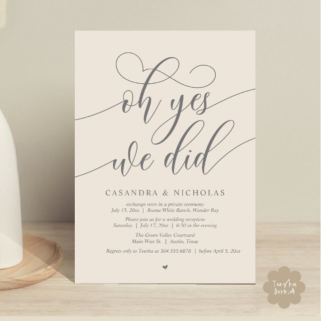 Ja, det gjorde vi, Modern Elopement Middag Inbjudningar (Oh Yes, We Did, Modern Romantic Modern Wedding Reception Invitation Card PDF Classy Cream Grey)