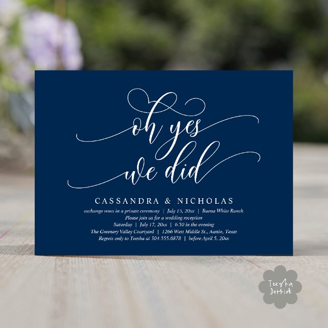 Ja, det gjorde vi, Modern Romantic Wedement Recept Inbjudningar (Oh Yes, We Did, Modern Romantic Modern Wedding Reception Invitation Card PDF Classy Navy Blue)