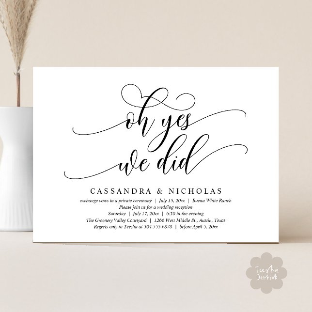 Ja, det gjorde vi, Modern Romantic Wedement Recept Inbjudningar (Oh Yes, We Did, Modern Romantic Modern Wedding Reception Invitation Card PDF Classy Black White)
