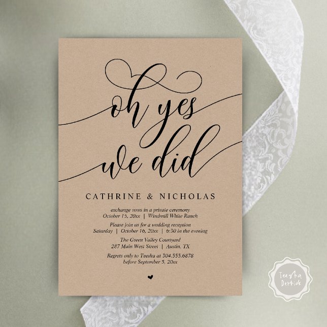 Ja, det gjorde vi, Modern skribonsmottagning Inbjudningar (Oh Yes, We Did, Modern Script Wedding Reception Invitation Card PDF Brown Kraft)