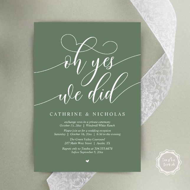 Ja, det gjorde vi, Modern skribonsmottagning Inbjudningar (Oh Yes, We Did, Modern Script Wedding Reception Invitation Card PDF Sage Green)