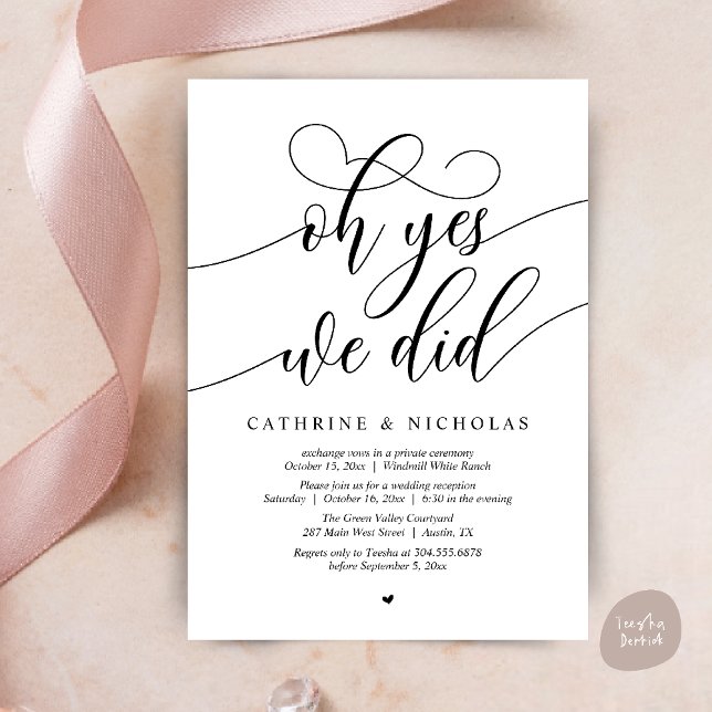 Ja, det gjorde vi, Modern skribonsmottagning Inbjudningar (Oh Yes, We Did, Modern Script Wedding Reception Invitation Card PDF Black White)