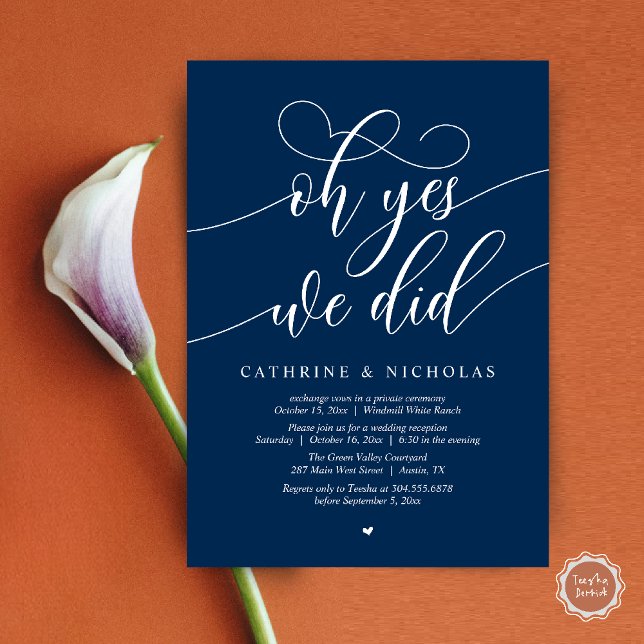 Ja, det gjorde vi, Modern skribonsmottagning Inbjudningar (Oh Yes, We Did, Modern Script Wedding Reception Invitation Card PDF Navy Blue)