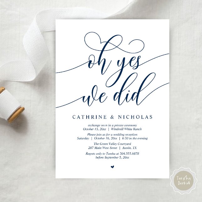 Ja, det gjorde vi, Modern skribonsmottagning Inbjudningar (Oh Yes, We Did, Modern Script Wedding Reception Invitation Card PDF Navy Blue)