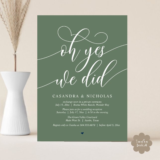 Ja, det gjorde vi, Modern skribonsmottagning Inbjudningar (Oh Yes, We Did, Modern Romantic Modern Wedding Reception Invitation Card PDF Sage Green )