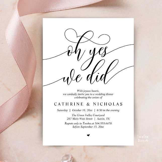 Ja, det gjorde vi, Modern vigsel-flykt-middag Inbjudningar (Oh Yes, We Did, Modern Romantic Wedding Elopement Dinner Invitation Card in Black and White)