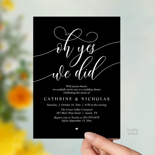 Ja, det gjorde vi, Modern vigsel-flykt middag Inbjudningar (Oh Yes, We Did, Modern Romantic Wedding Elopement Dinner Invitation Card in Black and White)