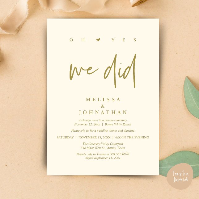 Ja, det gjorde vi, Modern vigsel-flykt middag Inbjudningar (Oh Yes, We Did, Modern Wedding Elopement Dinner Modern Clean Invitation Card PDF in Yellow Gold)