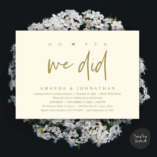 Ja, det gjorde vi, Modern vigsel-flykt middag Inbjudningar (Oh Yes, We Did, Modern Wedding Elopement Dinner Modern Clean Invitation Card PDF in Yellow Gold)