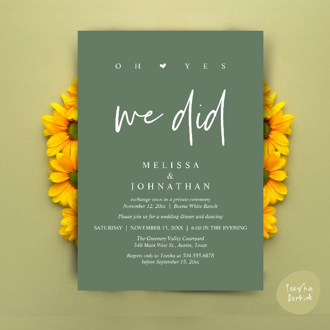Ja, det gjorde vi, Modern vigsel-flykt middag Inbjudningar (Oh Yes, We Did, Modern Wedding Elopement Dinner Modern Clean Invitation Card PDF in Sage Green)