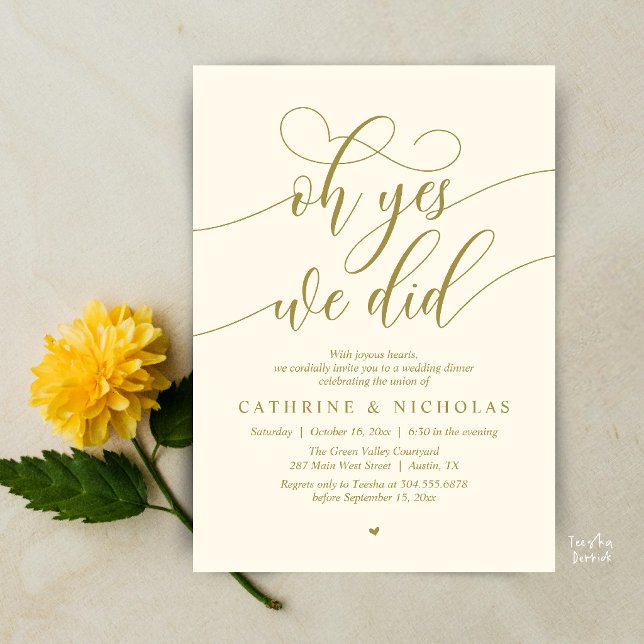 Ja, det gjorde vi, Modern vigsel-flyktmiddag Inbjudningar (Oh Yes, We Did, Modern Romantic Wedding Elopement Dinner Invitation Card in Yellow Gold Cream)