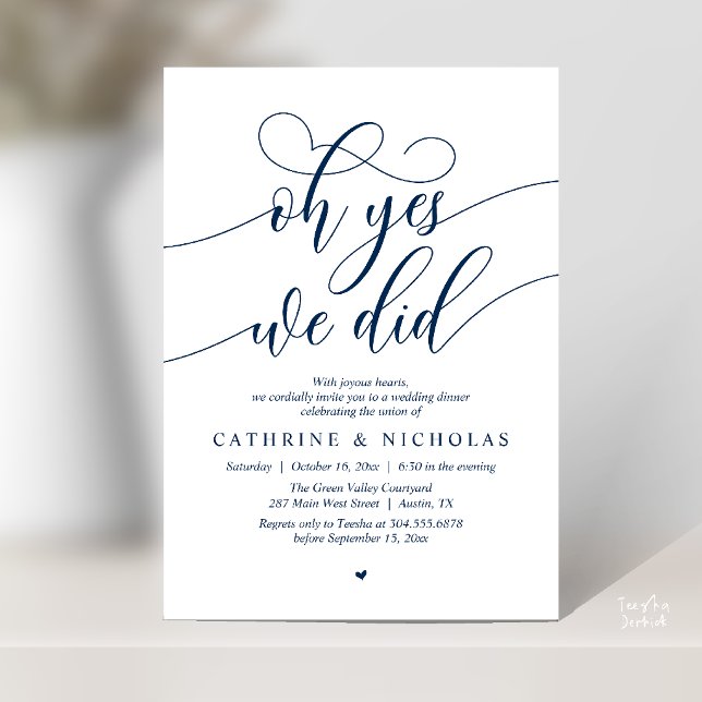 Ja, det gjorde vi, Modern vigsel-flyktmiddag Inbjudningar (Oh Yes, We Did, Modern Romantic Wedding Elopement Dinner Invitation Card in Navy Blue)