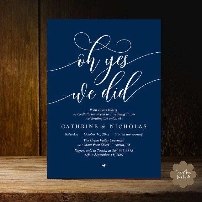 Ja, det gjorde vi, Modern vigsel-flyktmiddag Inbjudningar (Oh Yes, We Did, Modern Romantic Wedding Elopement Dinner Invitation Card in Navy Blue)