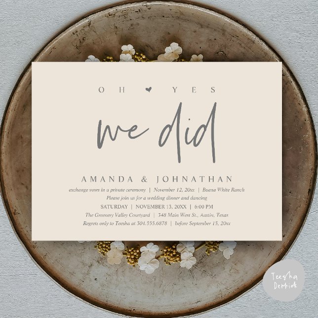 Ja, det gjorde vi, Modern vigsel-flyktmiddag Inbjudningar (Oh Yes, We Did, Modern Wedding Elopement Dinner Modern Clean Invitation Card PDF in Cream Grey)