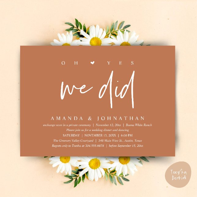 Ja, det gjorde vi, Modern vigsel-flyktmiddag Inbjudningar (Oh Yes, We Did, Modern Wedding Elopement Dinner Modern Clean Invitation Card PDF in Copper Brown)