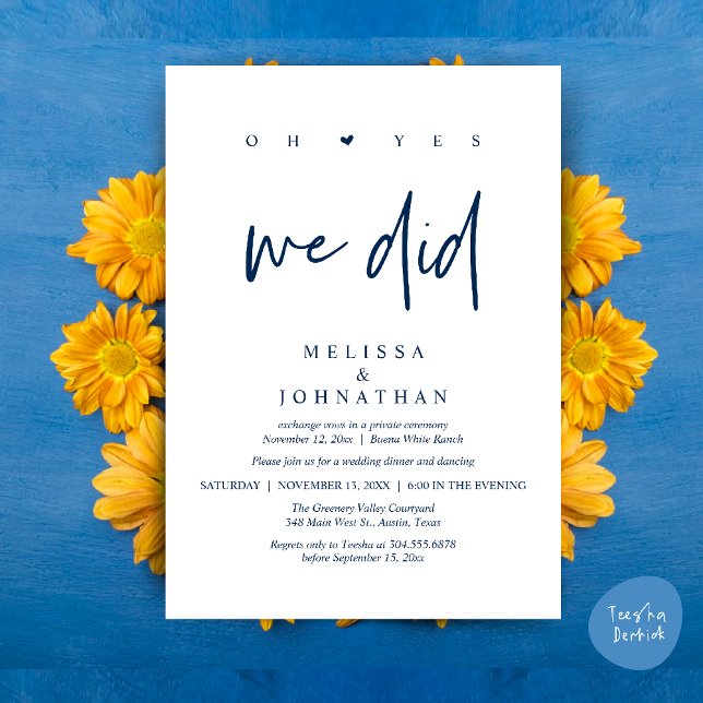 Ja, det gjorde vi, Modern vigsel-flyktmiddag Inbjudningar (Oh Yes, We Did, Modern Wedding Elopement Dinner Modern Clean Invitation Card PDF in Navy Blue)