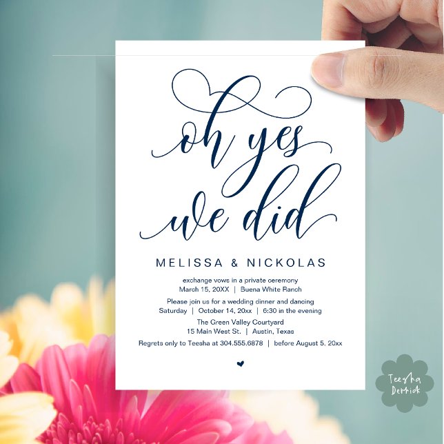 Ja, det gjorde vi, Romantic Bröllop Elopement Part Inbjudningar (Oh Yes, We Did, Romantic Modern Script Wedding Elopement Party Invitation Card PDF Navy Blue)